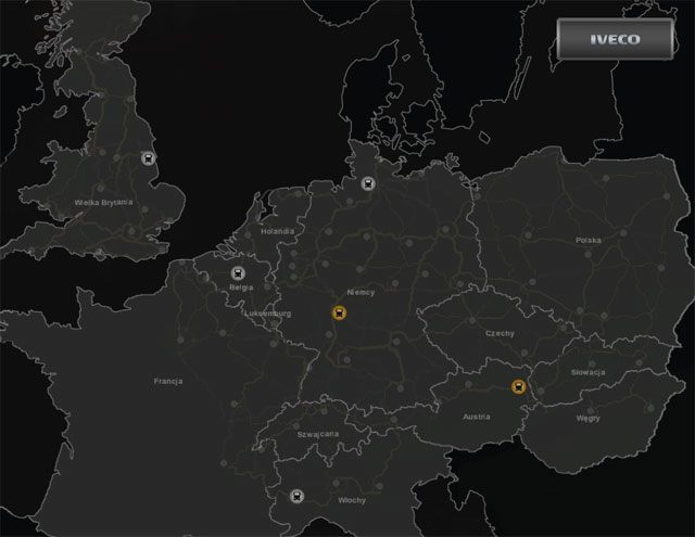 Mapa z zaznaczonymi dużymi i małymi salonami samochodowymi marki IVECO. - DAF, IVECO, MAN, Majestic - mapy | Dealerzy ciężarówek | ETS 2 Going East - Euro Truck Simulator 2: Going East! Ekspansja Polska - poradnik do gry