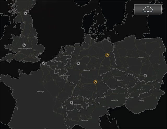 Mapa z zaznaczonymi dużymi i małymi salonami samochodowymi marki MAN. - DAF, IVECO, MAN, Majestic - mapy | Dealerzy ciężarówek | ETS 2 Going East - Euro Truck Simulator 2: Going East! Ekspansja Polska - poradnik do gry