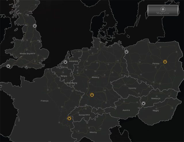 Mapa z zaznaczonymi dużymi i małymi salonami samochodowymi marki Majestic. - DAF, IVECO, MAN, Majestic - mapy | Dealerzy ciężarówek | ETS 2 Going East - Euro Truck Simulator 2: Going East! Ekspansja Polska - poradnik do gry