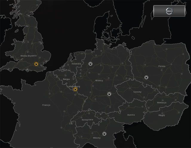 Mapa z zaznaczonymi dużymi i małymi salonami samochodowymi marki Volvo. - Renault, Scania, Volvo - mapy | Dealerzy ciężarówek | ETS 2 Going East - Euro Truck Simulator 2: Going East! Ekspansja Polska - poradnik do gry