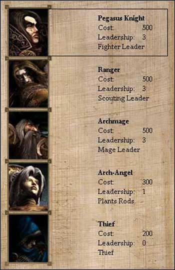 Kolejność w tabeli bohaterów jest następująca: Wojownik, Zwiadowca, Mag, Terraformer, Złodziej - Imperium - Bohaterowie, Wojownicy, Magowie | Disciples II Mroczne Proroctwo - Disciples II: Mroczne Proroctwo - poradnik do gry