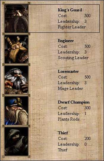 Kolejność w tabeli bohaterów jest następująca: Wojownik, Zwiadowca, Mag, Terraformer, Złodziej - Górskie Klany - Bohaterowie, Wojownicy, Magowie | Disciples II Mroczne Proroctwo - Disciples II: Mroczne Proroctwo - poradnik do gry