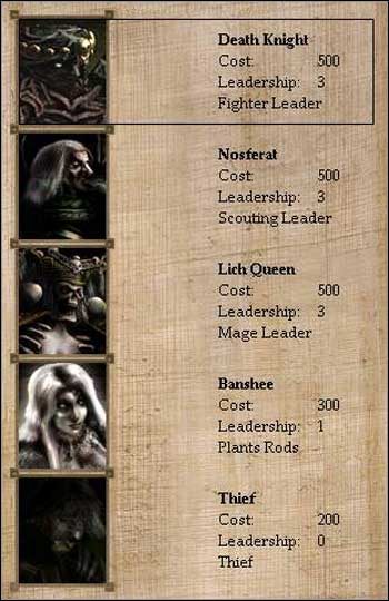 Kolejność w tabeli bohaterów jest następująca: Wojownik, Zwiadowca, Mag, Terraformer, Złodziej - Hordy Nieumarłych - Bohaterowie, Wojownicy, Magowie | Disciples II - Disciples II: Mroczne Proroctwo - poradnik do gry