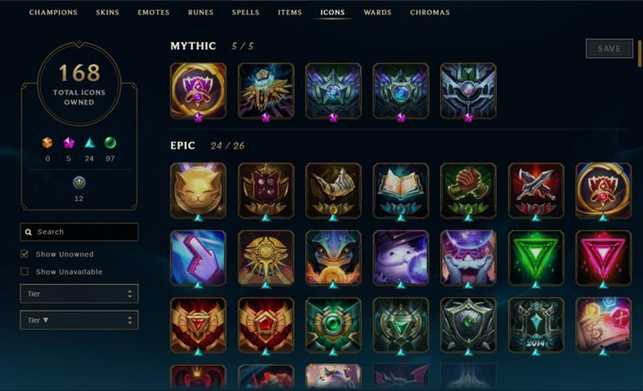 Po wieloletnim stażu można dorobić się naprawdę pokaźnej kolekcji ikon. - Ikony, Totemy i Barwy | Kolekcja | League of Legends - League of Legends - poradnik do gry