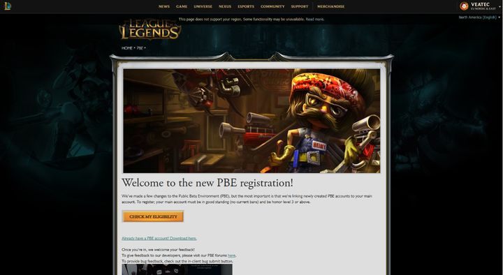 Aby zarejestrować się na PBE, należy udać się pod ten adres i zalogować się tak samo, jak do klienta gry - Serwer Testowy (PBE) w League of Legends - League of Legends - poradnik do gry