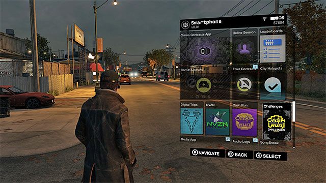 Ekran nawigacyjny smartfona - Wyposażenie Aidena | Podstawowe informacje | Watch Dogs - Watch Dogs 1 - poradnik do gry