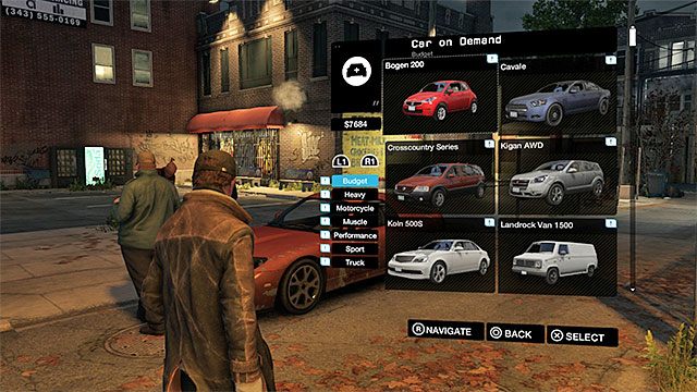 Ostatni trzeci wariant to skorzystanie ze smartfona Aidena, a konkretnie z aplikacji Auto na zamówienie (Car On Demand), która pokazana została na powyższym obrazku - Pozyskiwanie środków transportu w Watch Dogs | Aktywności i porady - Watch Dogs 1 - poradnik do gry