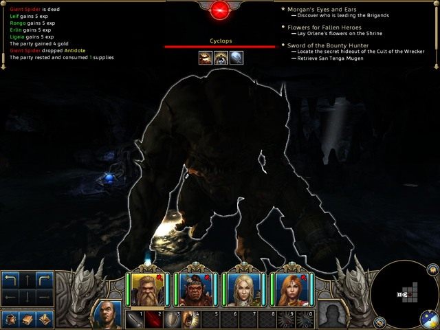 Powyższy screen przedstawia fazę walki z jednym z Cyklopów, przeciwników z wielką maczugą, którzy jednym uderzeniem trafiają wszystkich twoich bohaterów - Walka | Informacje wstępne i porady | Might & Magic X Legacy - Might & Magic X: Legacy - poradnik do gry