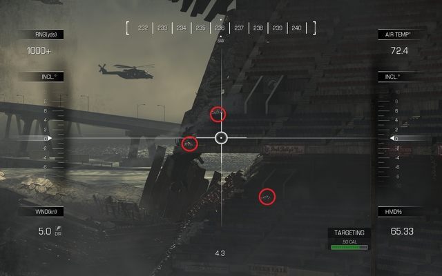 Podążaj na lewo za Heshem, a gdy znajdziesz się na dole, powtórnie otrzymasz rozkaz użycia zdalnej snajperki, by wyeliminować wrogów strzelających z RPG - 04 - Struck Down | Kampania - opis przejścia | Call of Duty Ghosts - Call of Duty: Ghosts - poradnik do gry