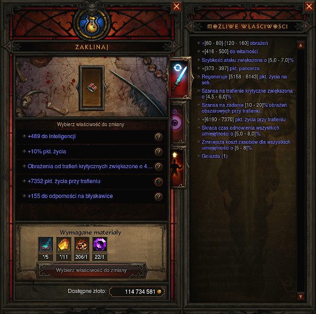 Lista właściwości, które możemy zmienić i koszt podany w surowcach. - Wieszczka | Rzemiosło w Diablo III - Diablo III: Reaper of Souls - poradnik do gry