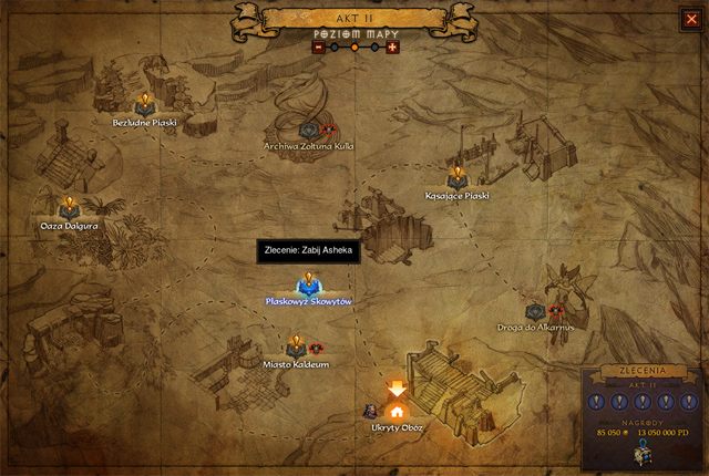 Mapa aktu z oznaczonymi zleceniami. W prawym dolnym rogu można zobaczyć postępy i przewidywane nagrody - w tym Skarb Horadrimów. - Zlecenia | Opis mechanizmów rozgrywki w Diablo III - Diablo III: Reaper of Souls - poradnik do gry