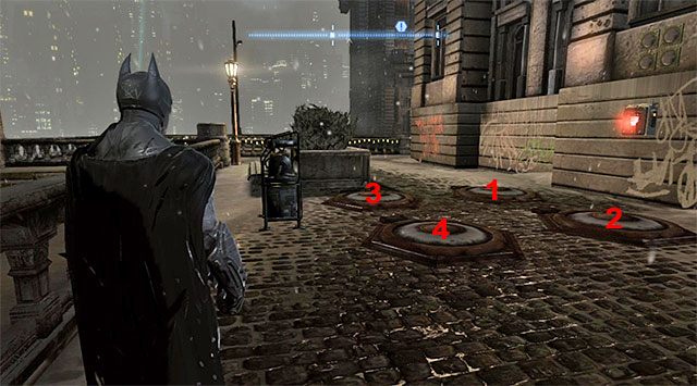 Odszukaj pokazane na screenie obiekty, czyli generator oraz cztery płyty naciskowe - Plik z danymi 3 (Zaułki) - Batman: Arkham Origins - poradnik do gry