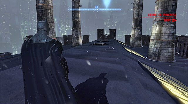 Dotrzyj na pokazany na dołączonym screenie dach fabryki i ustaw się na pierwszej płycie naciskowej, czyli tej najbardziej oddalonej od zamkniętej skrzynki z sekretem - Plik z danymi 14 (Coventry) - Batman: Arkham Origins - poradnik do gry