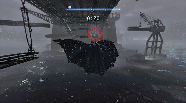 Poszybuj w stronę balkoniku zlokalizowanego dokładnie na północ stąd (screen), przyciągając się do niego z pomocą haka - Plik z danymi 11 (Most Pioneers Bridge w Gotham) - Batman: Arkham Origins - poradnik do gry