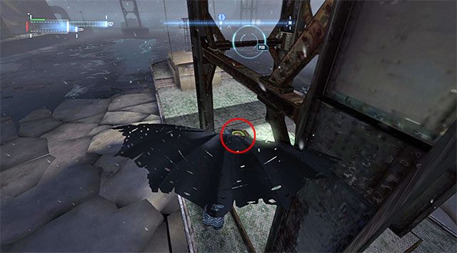 Rozpocznij szybowanie, wykonując nawrót w powietrzu i lądując na drugiej płycie naciskowej (screen) - Plik z danymi 11 (Most Pioneers Bridge w Gotham) - Batman: Arkham Origins - poradnik do gry