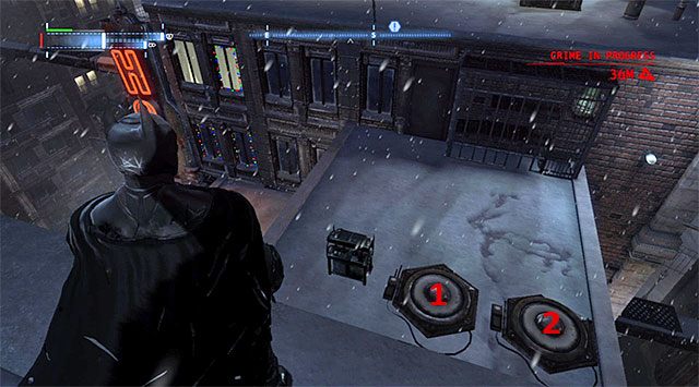 Zlokalizuj wszystkie pokazane na powyższym screenie obiekty, a więc klatkę z kulą z sekretem, generator i dwie płyty naciskowe - Plik z danymi 20 (Burnley) - Batman: Arkham Origins - poradnik do gry