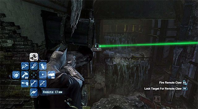 Musisz dotrzeć do sali z dużym zbiornikiem wodnym i w pokazanym na screenie miejscu rozwinąć linę z wykorzystaniem zaczepu - Plik z danymi 20 (Burnley) - Batman: Arkham Origins - poradnik do gry