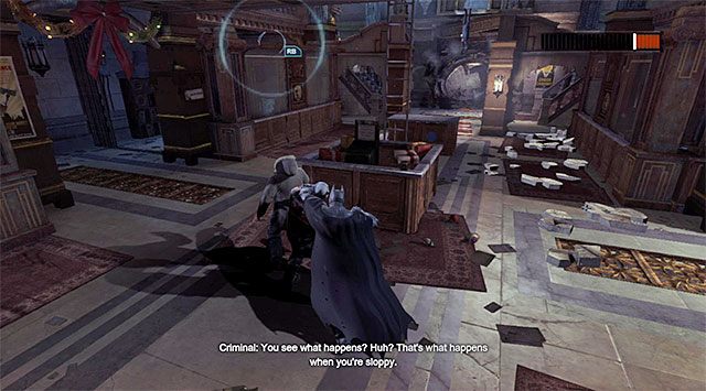 Po tym jak niemal całkowicie wyczerpiesz pasek zdrowia Deadshota powinien on złapać zakładnika i zacząć używać go jako żywej tarczy - Deadshot - Batman: Arkham Origins - poradnik do gry