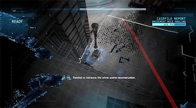 Musisz teraz zacząć używać triggerów/klawiszy celem wpływania na proces odtwarzania rekonstrukcji i podążając za czerwoną linią - Sprawa 1224-8 - Awantura w Mili Rozrywki - Batman: Arkham Origins - poradnik do gry