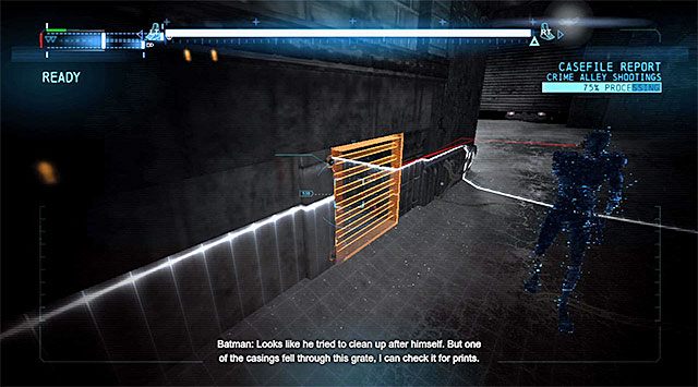 Musisz teraz zacząć używać triggerów/klawiszy celem wpływania na proces odtwarzania rekonstrukcji i podążając za czerwoną linią symbolizującą trajektorię lotu pocisku - Sprawa 1224-9 - Strzelanina w Alei Przestępców - Batman: Arkham Origins - poradnik do gry