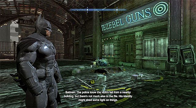 Miejscem rozpoczęcia opisywanego śledztwa jest pokazany na powyższych screenach sklep z bronią Jezebel Guns, który znajduje się w północno-wschodnim narożniku dzielnicy o nazwie Zaułki [The Bowery] - Sprawa 1224-3 - Upadek w Jezebel Plaza - Batman: Arkham Origins - poradnik do gry