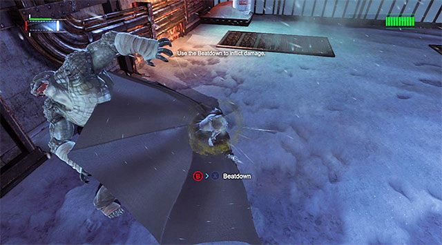 Tuż po tym jak Killer Croc wykonał zakończy niepowodzeniem atak podbiegnij do niego i wdroż w życie taką samą taktykę jak w przypadku opancerzonych wrogów - Pokonaj Killer Croca - Batman: Arkham Origins - poradnik do gry