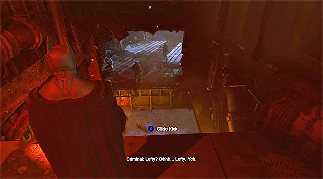 Poszybuj w stronę odwróconego plecami do Batmana przeciwnika - Zlokalizuj Pingwina - Batman: Arkham Origins - poradnik do gry