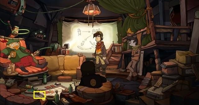 Kliknij ósmy fragment układanki (leży na podłodze, obok planszy) - Dołącz do rebeliantów | Dogadaj się z Dzidzią Goal | Chaos on Deponia - Chaos on Deponia - poradnik do gry
