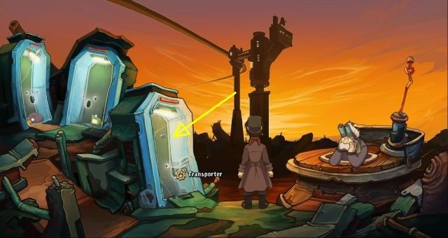 Najpierw użyj transportera, w którym siedzi mucha (trzeci od lewej) - Dostań się do właściwego transportera | W pogoni za Goal | Chaos on Deponia - Chaos on Deponia - poradnik do gry