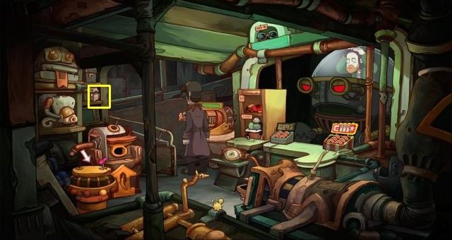 Siódmy fragment układanki ukryto w sklepie z gadżetami, na półce po lewej, nad prostowarką do bananów - Poradnik do gry - Puzzle | Chaos on Deponia - Chaos on Deponia - poradnik do gry