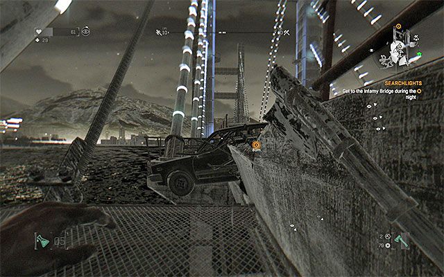 Możesz korzystać z bocznych balkoników i często się zatrzymywać lub przebiec przez cały most - 10 - Szperacze (Searchlights) | Poboczne zadania - Slumsy | Solucja Dying Light - Dying Light - poradnik do gry