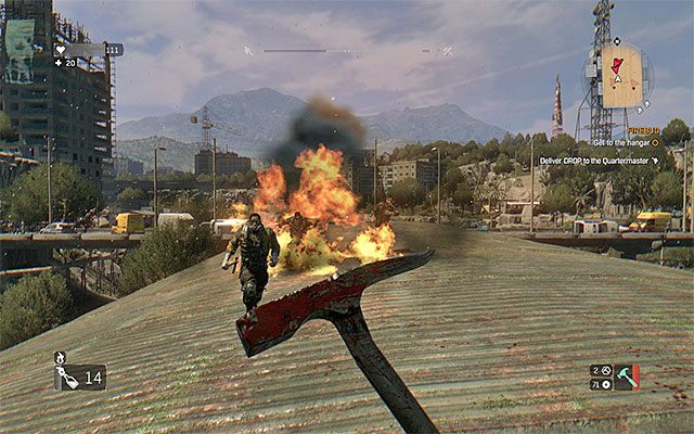 Z najemnikami możesz powalczyć m.in. na dachu magazynu - 13 - Ognik (Firebug) | Poboczne zadania - Slumsy | Solucja Dying Light - Dying Light - poradnik do gry