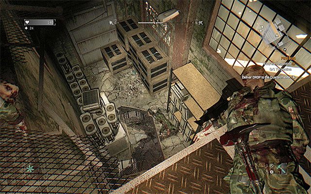 Po zabraniu dwóch wiaderek sproszkowanego cynku powróć na górne balkoniki magazynu - 13 - Ognik (Firebug) | Poboczne zadania - Slumsy | Solucja Dying Light - Dying Light - poradnik do gry