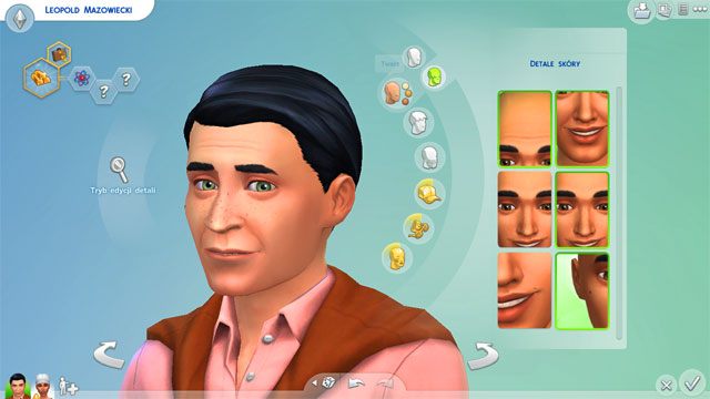 W zakładce detale skóry możesz dodatkowo nanieść na twarz takie elementy jak zmarszczki na czole, znamiona, piegi itp - Sims 4: Wygląd Sima - tworzenie, kreator, CAS - Sims 4 - poradnik do gry