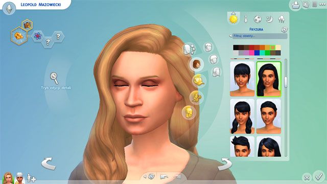 W kolejnej zakładce dokonujesz wyboru wyglądu oraz koloru włosów - Sims 4: Wygląd Sima - tworzenie, kreator, CAS - Sims 4 - poradnik do gry