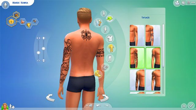 W drugiej zakładce (Tatuaże) możesz jeszcze swojemu Simowi coś wytatuować - Sims 4: Ubiór Sima - tworzenie, kreator, CAS - Sims 4 - poradnik do gry