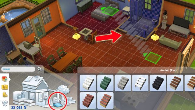 Powróć na piętro niżej, na panelu budowania odszukaj ikonkę schodów, wybierz jeden z dostępnych wzorów i umieść w środku domu - Sims 4: Rozbudowa domu, porady - Sims 4 - poradnik do gry