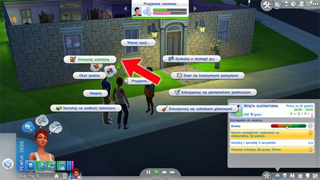Trzecie zadanie to rozmowa z grupą Simów na temat sztuki - Sims 4: Malarz - kariera, porady - Sims 4 - poradnik do gry
