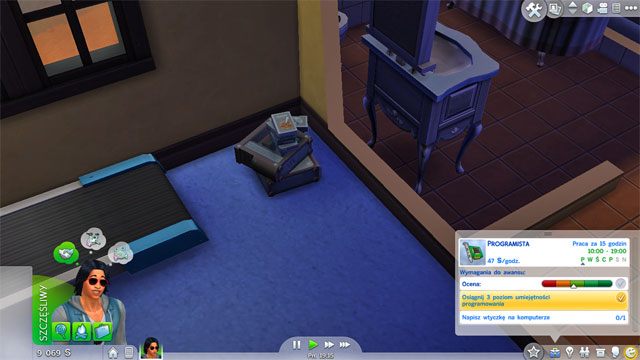 Zostanie Programistą (3) da Ci prezent wspomagający skupienie się - komputerowy dysk twardy, który umieść w pomieszczeniu gdzie jest biurko w komputerem i nie zapomnij włączyć aury (kliknij na obiekcie i wybierz odpowiednią opcję) - Sims 4: Guru techniki - kariera, porady - Sims 4 - poradnik do gry