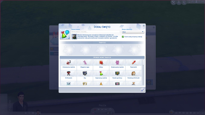 W trybie dodawania święta możesz wybrać jego nazwę, ustalić czy jest to dzień wolny i wybrać motyw dekoracji - Sims 4 Cztery pory roku: Kalendarz - Sims 4 - poradnik do gry