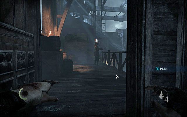 Drugi wartownik z kuszą okupuje wschodni balkonik - Przeprawa przez drugą część Światła Brzasku - opis | Rozdział 8 (Światło Brzasku) - Thief - poradnik do gry