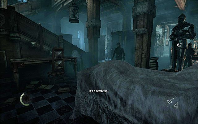 Wrogowie początkowo rozstawieni są przy kominku, ale część z nich wyruszy wkrótce na patrol - Eksploracja piwnicy i parteru posiadłości Barona - opis | Rozdział 6 (Człowiek na rozstajach) - Thief - poradnik do gry