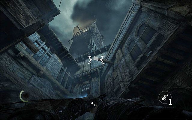 Do oznaczonego punktu zbliż się od północnej strony, wybierz z inwentarza strzałę ze sznurem (Rope Arrow) i wyceluj w pokazany na powyższym obrazku interaktywny punkt - Ukryte piękno | Poboczne zlecenia (Jobs) - Basso | Solucja Thief - Thief - poradnik do gry