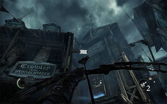 Obróć się teraz w lewo i użyj strzały ze sznurem (Rope Arrow) na pokazanym na screenie interaktywnym zaczepie - Okradzenie pasera | Poboczne zlecenia (Jobs) - Basso | Solucja Thief - Thief - poradnik do gry