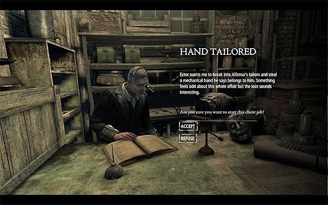 Okno potwierdzenia rozpoczęcia zadania - Szyte ręcznie | Poboczne zlecenia (Client Jobs) - Ector | Solucja Thief - Thief - poradnik do gry