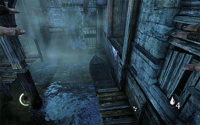 Skręć od razu w prawo, zbliżając się do zawieszonych na dźwigu skrzyń - Dotarcie do kryjówki Erin - opis | Miasto (City) | Solucja Thief - Thief - poradnik do gry