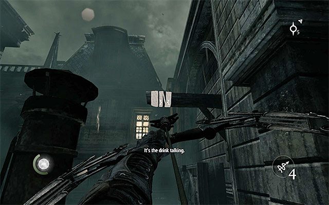 Po obejrzeniu widocznej w oddali eksplozji wieży zeskocz na niższy fragment dachu i obróć się w lewo - Dotarcie do domu Architekta | Rozdział 4 (Przyjaciel w potrzebie) | Thief - Thief - poradnik do gry
