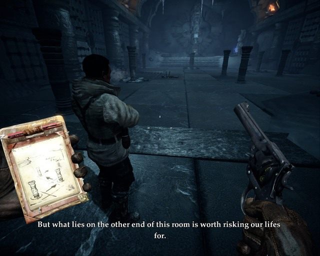 Zagadki wyglądają tutaj bardzo ciekawie, idź od kolumny do kolumny - Arctic Base | Opis przejścia Deadfall Adventures - Deadfall Adventures - poradnik do gry