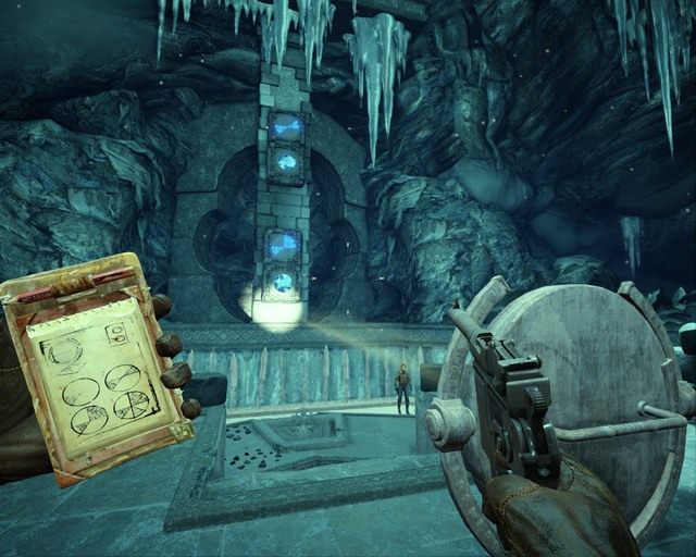 Kolejna zagadka, wystarczy naświetlać kryształy tak jak w notatniku - Ice Temple | Opis przejścia Deadfall Adventures - Deadfall Adventures - poradnik do gry