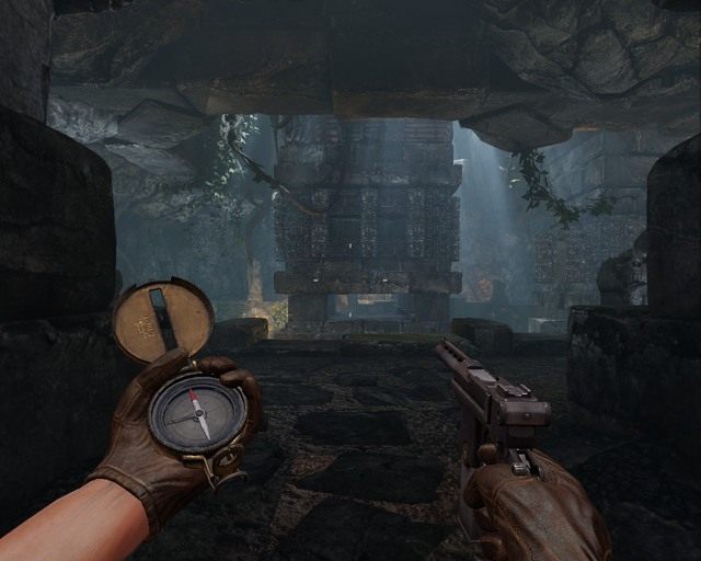 I kolejna zagadka. Pierw ustawiasz odpowiednie znaki, potem strzelasz do złotej płytki - Mayan Tombs | Opis przejścia Deadfall Adventures - Deadfall Adventures - poradnik do gry